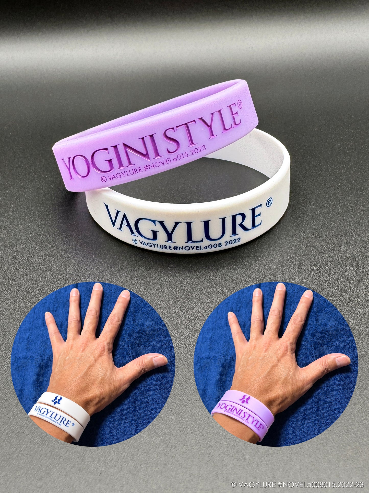 バジルア® パッケージ シリコンラバーリストバンド VAGYLURE® & YOGINI STYLE® 食品衛生法(乳幼児向けおもちゃ)に合格。原材料のシリコンは医療用などにも利用される、高品質なノンアレルギーシリコン使用。